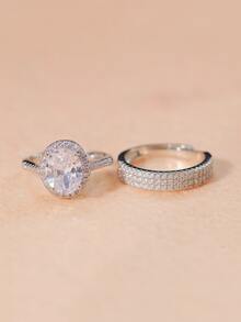 1 对情侣钻石装饰戒指，可调节开口戒指，适合订婚/结婚 - 銀色 - 查看 3