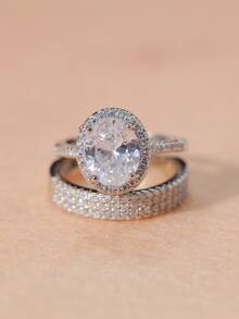 1 对情侣钻石装饰戒指，可调节开口戒指，适合订婚/结婚 - 銀色 - 查看 4