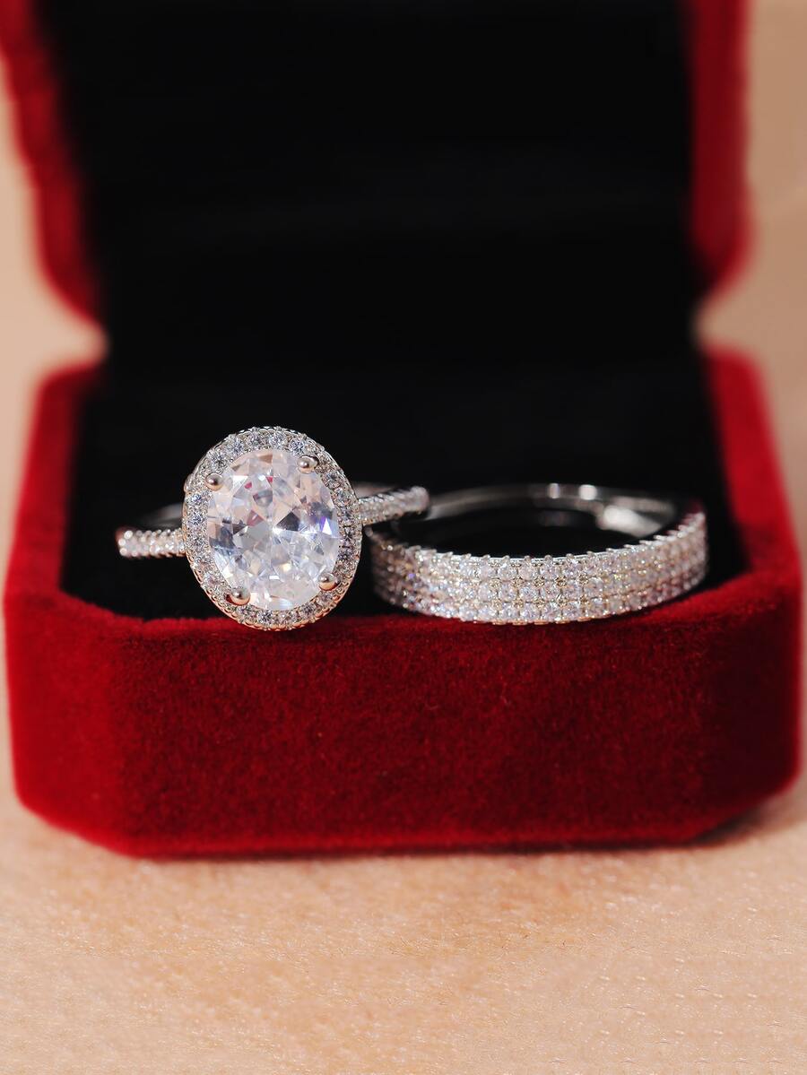 1 对情侣钻石装饰戒指，可调节开口戒指，适合订婚/结婚 - 銀色 - 查看 1