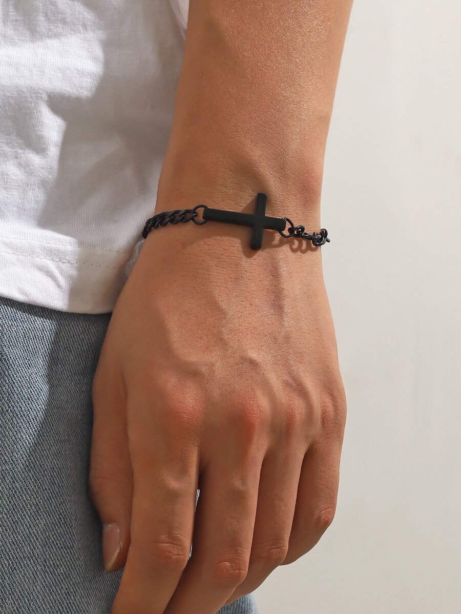 1入組不銹鋼十字架設計手環適合男士女士,簡約風格情侶手掌首飾類 - 黑色 - 查看 1