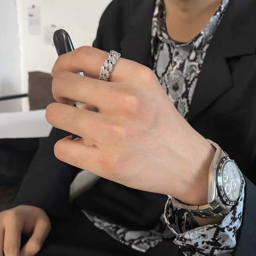 1pc Men's Ring, Personalized Accessory With Full Rhinestone Design, Suitable For Index Finger - Silver - View 1