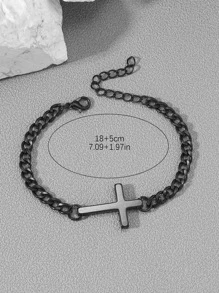 1入組不銹鋼十字架設計手環適合男士女士,簡約風格情侶手掌首飾類 - 黑色 - 查看 3