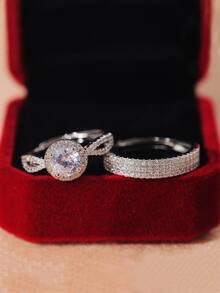 1 Cặp Nhẫn Unisex Hình Vương Miện Đính Đá Cubic Zirconia Trang Trí Nhẫn Đôi, Nhẫn Cưới Có Thể Điều Chỉnh Mở Đầu Hoàng Gia - Bạc - Xem 5