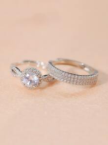 1 Cặp Nhẫn Unisex Hình Vương Miện Đính Đá Cubic Zirconia Trang Trí Nhẫn Đôi, Nhẫn Cưới Có Thể Điều Chỉnh Mở Đầu Hoàng Gia - Bạc - Xem 3