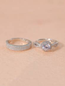 1 Cặp Nhẫn Unisex Hình Vương Miện Đính Đá Cubic Zirconia Trang Trí Nhẫn Đôi, Nhẫn Cưới Có Thể Điều Chỉnh Mở Đầu Hoàng Gia - Bạc - Xem 2