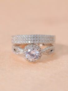 1 Cặp Nhẫn Unisex Hình Vương Miện Đính Đá Cubic Zirconia Trang Trí Nhẫn Đôi, Nhẫn Cưới Có Thể Điều Chỉnh Mở Đầu Hoàng Gia - Bạc - Xem 1