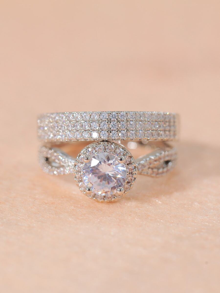 1 Cặp Nhẫn Unisex Hình Vương Miện Đính Đá Cubic Zirconia Trang Trí Nhẫn Đôi, Nhẫn Cưới Có Thể Điều Chỉnh Mở Đầu Hoàng Gia - Bạc - Xem 1