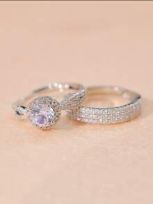 1 Cặp Nhẫn Unisex Hình Vương Miện Đính Đá Cubic Zirconia Trang Trí Nhẫn Đôi, Nhẫn Cưới Có Thể Điều Chỉnh Mở Đầu Hoàng Gia - Bạc - Xem 4