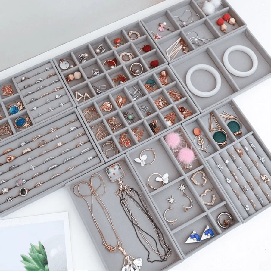 1入組大尺寸()首飾收納盒,首飾類展示盒,桌子收納,彩妝收納託盤,首飾類殼套,收納適用於環,耳環,項鍊,手錶,金色和其他首飾類 - 灰色 - 查看 1