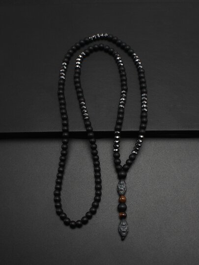 1pc Fashionable & Vintage Style Black Bead & Natural Stone Y-shaped Necklace For Men
