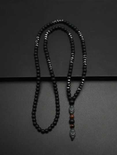 1pc Fashionable & Vintage Style Black Bead & Natural Stone Y-shaped Necklace For Men