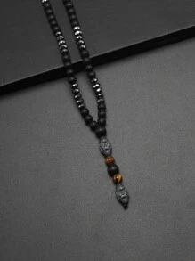 1pc Fashionable & Vintage Style Black Bead & Natural Stone Y-shaped Necklace For Men - Black - View 3