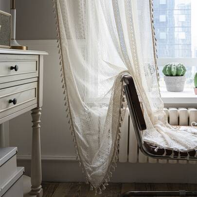 Bubaba 1件米色装饰卧室窗帘，波西米亚简约镂空长方形遮光窗帘，带米色流苏，适用于家居、派对、卧室、客厅、餐厅、健身房、咖啡厅，四季皆宜。