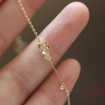 ELSEDES 1入組時尚S925銀玫瑰形手鍊，簡約風格，鑲有寶石，適合女士日常或約會服裝，送給女朋友完美禮物