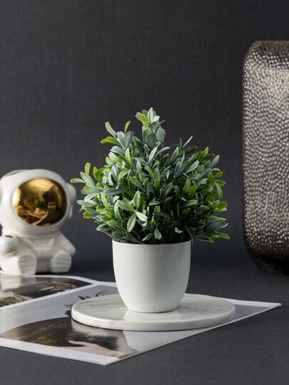 MEHELANY 4件套绿色仿真迷你盆栽植物，仿真植物，塑料仿真盆栽植物，白色花盆小仿真植物，适用于家居、室内、办公室、餐桌、农舍、露台、浴室装饰