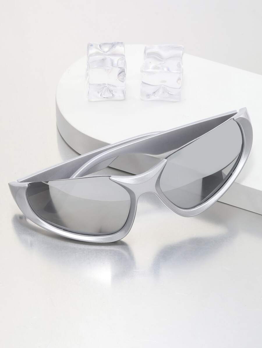 1 件装男士 Y2k 风格半框户外时尚眼镜，带 PC 镜框、液态银镜面涂层和运动科技氛围 - 銀色 - 查看 1