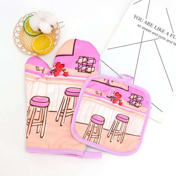 2pcs/set Kitchen Pot Holder And Oven Glove Set Heat Resistant Non-slip Gloves For Cooking Baking Hot Pot - Pink - View 3