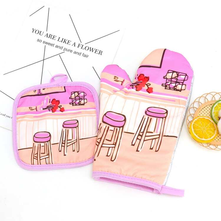 2pcs/set Kitchen Pot Holder And Oven Glove Set Heat Resistant Non-slip Gloves For Cooking Baking Hot Pot - Pink - View 4