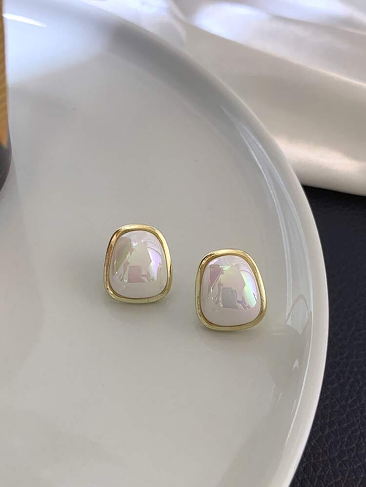 1對複古巴洛克風格白色幾何耳環，簡約四面耳環適合女士時尚配飾 - 白色 - 查看 5