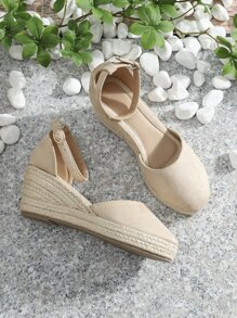 Women's High Heel French Style Wedge Sandals With Tie-up Straw Weaving, Fashionable Round Toe Hollow Fisherman Shoes With Ankle Strap