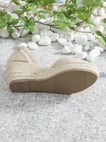 Women's High Heel French Style Wedge Sandals With Tie-up Straw Weaving, Fashionable Round Toe Hollow Fisherman Shoes With Ankle Strap