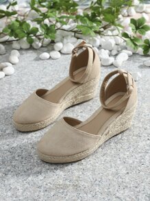 Women's High Heel French Style Wedge Sandals With Tie-up Straw Weaving, Fashionable Round Toe Hollow Fisherman Shoes With Ankle Strap