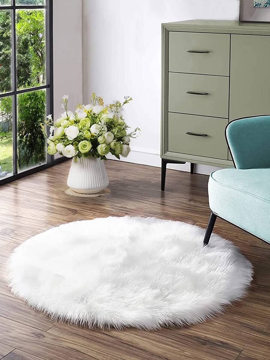 Plush Round Carpet Sheepskin Pink Living Room Home Decor Bedroom Floor Cushion Mats For Bedroom White Area Shaggy Fur Rugs ,Room Decor - White - View 1