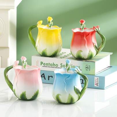 Set di 2 tazze da caffè in ceramica a forma di rosa