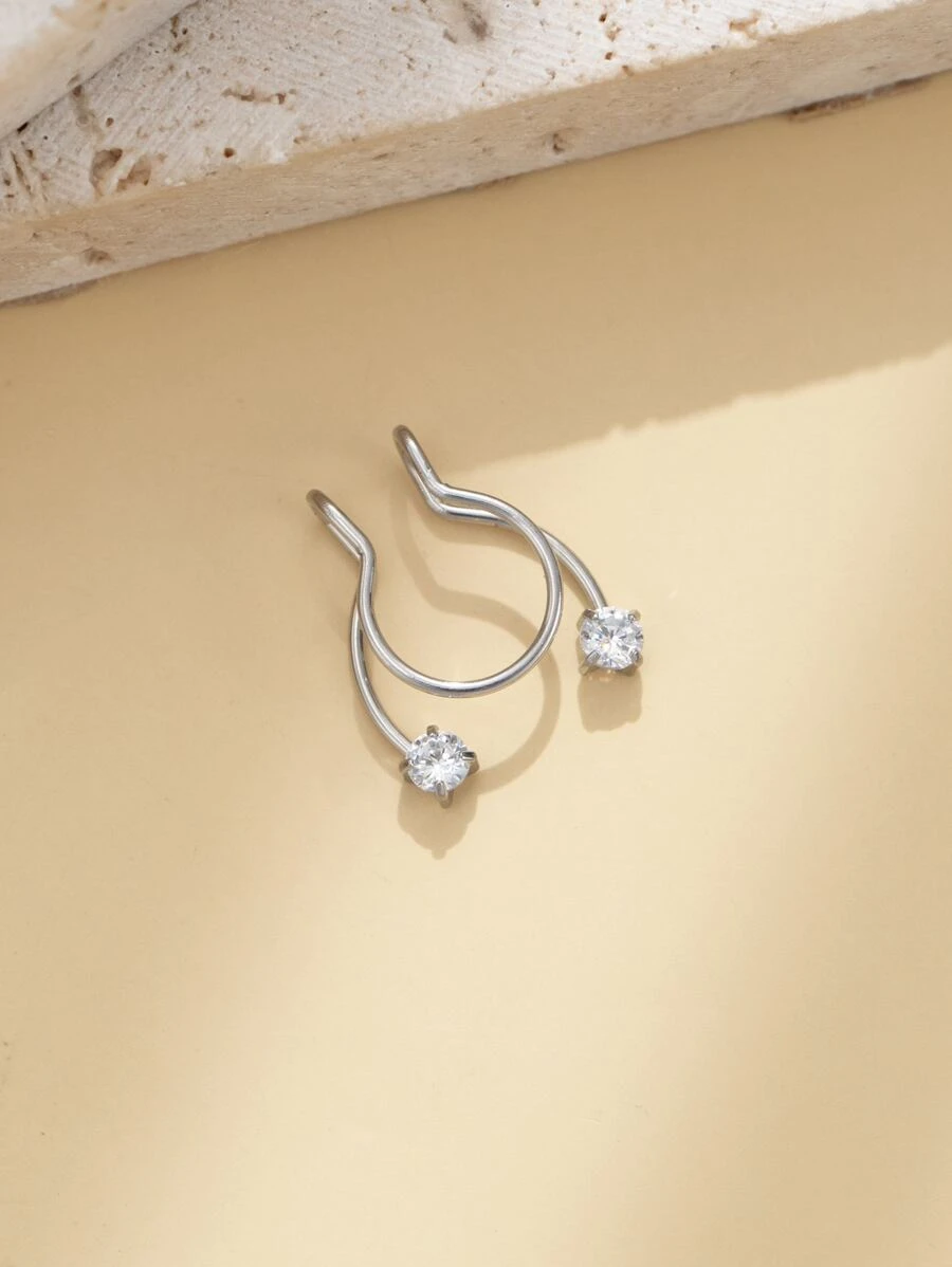 時尚不鏽鋼鼻夾,附有立方氧化鋯 - 銀色 - 查看 1