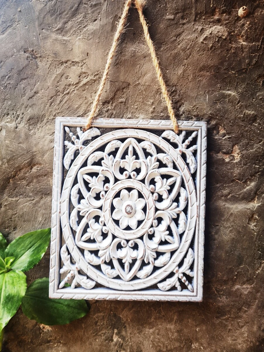 1pc Nordic Style Vintage Distressed Carved Brown Base White Face Wall Decor, For Living Room Bedroom Background Wall Art Hanging, Indoor Home Accent Piece - Multicolor - View 1