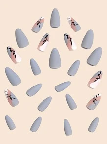 24入組杏仁形滴狀設計假指甲，磨砂灰色/白色/黑色，附有果凍膠和指甲文件，壓克力指甲供應