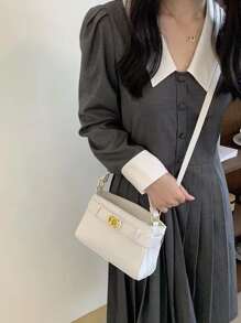 Solid Color Square Bag With Twist Lock And Top Handle - Beige - View 2