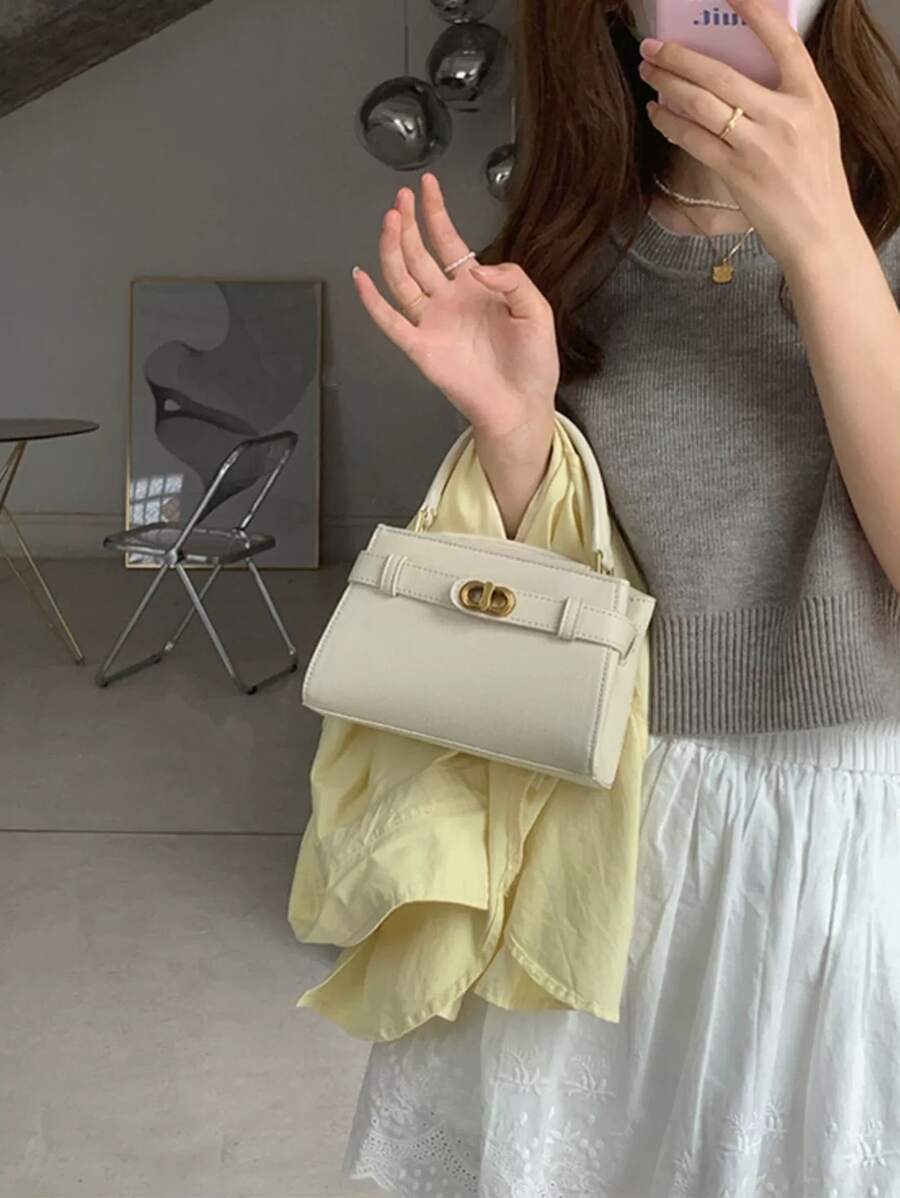 Solid Color Square Bag With Twist Lock And Top Handle - Beige - View 1