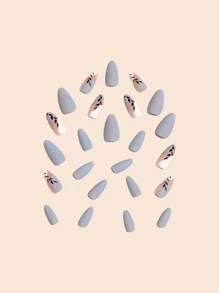 24入組杏仁形滴狀設計假指甲，磨砂灰色/白色/黑色，附有果凍膠和指甲文件，壓克力指甲供應
