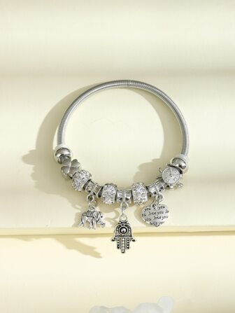 1pc Rhinestone, Terracotta Clay, Clock Charm, Four Leaf Clover Charm, Heart & Elephant Charm Beaded Elastic Stainless Steel Bracelet With Charms For Women, Fashion Jewelry, Dating Gift Valentines