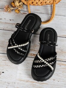 NỮ Đồ trang trí Ngọc Trai giả Đa chiều Mặc Hình phẳng Dép xăng đan , Thời trang Dép xăng đan - màu đen - Xem 5
