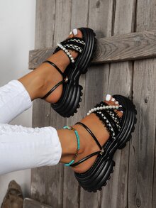 NỮ Đồ trang trí Ngọc Trai giả Đa chiều Mặc Hình phẳng Dép xăng đan , Thời trang Dép xăng đan - màu đen - Xem 4