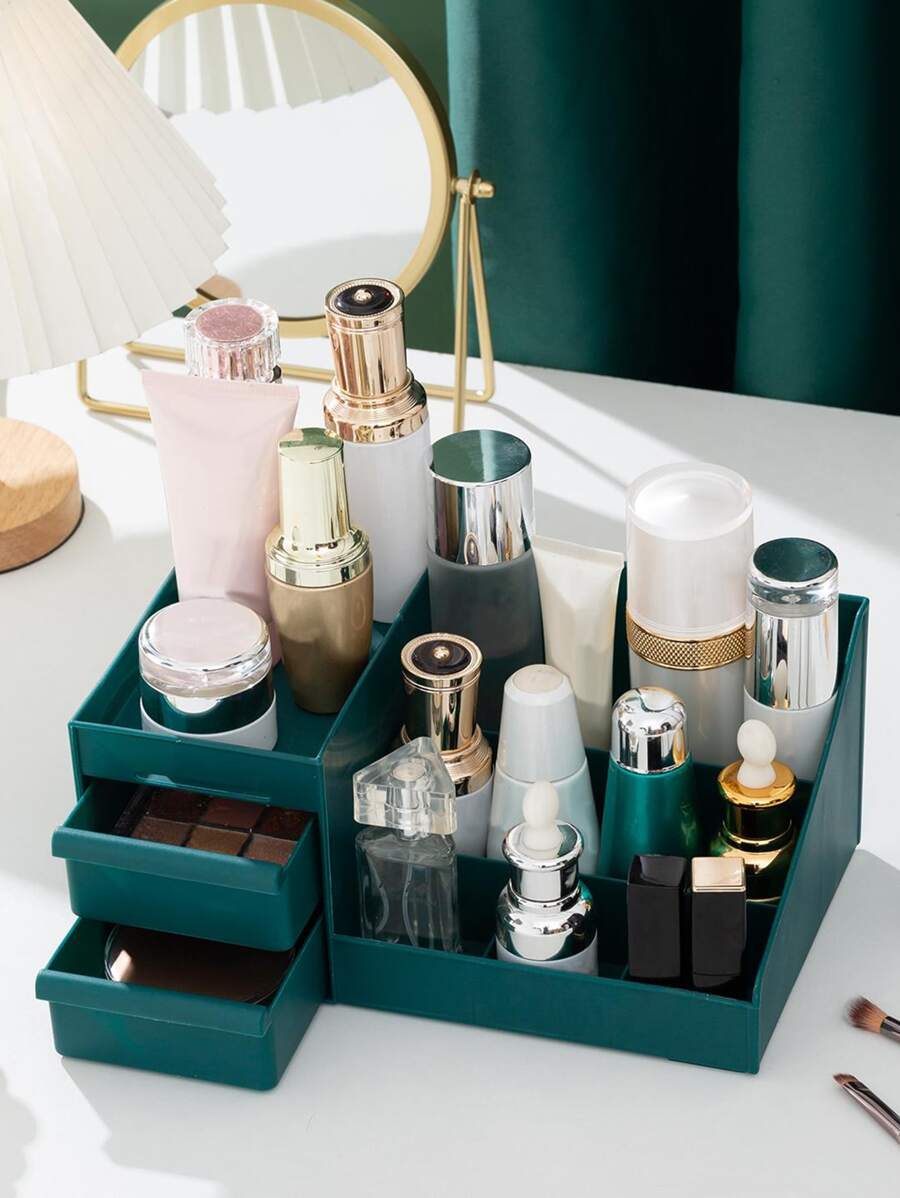 彩妝收納盒,1入組黑暗藍色抽屜式彩妝收納盒塑膠收納盒化妝品收納袋皮膚護理桌面收納盒化妝盒 - 墨綠色 - 查看 1