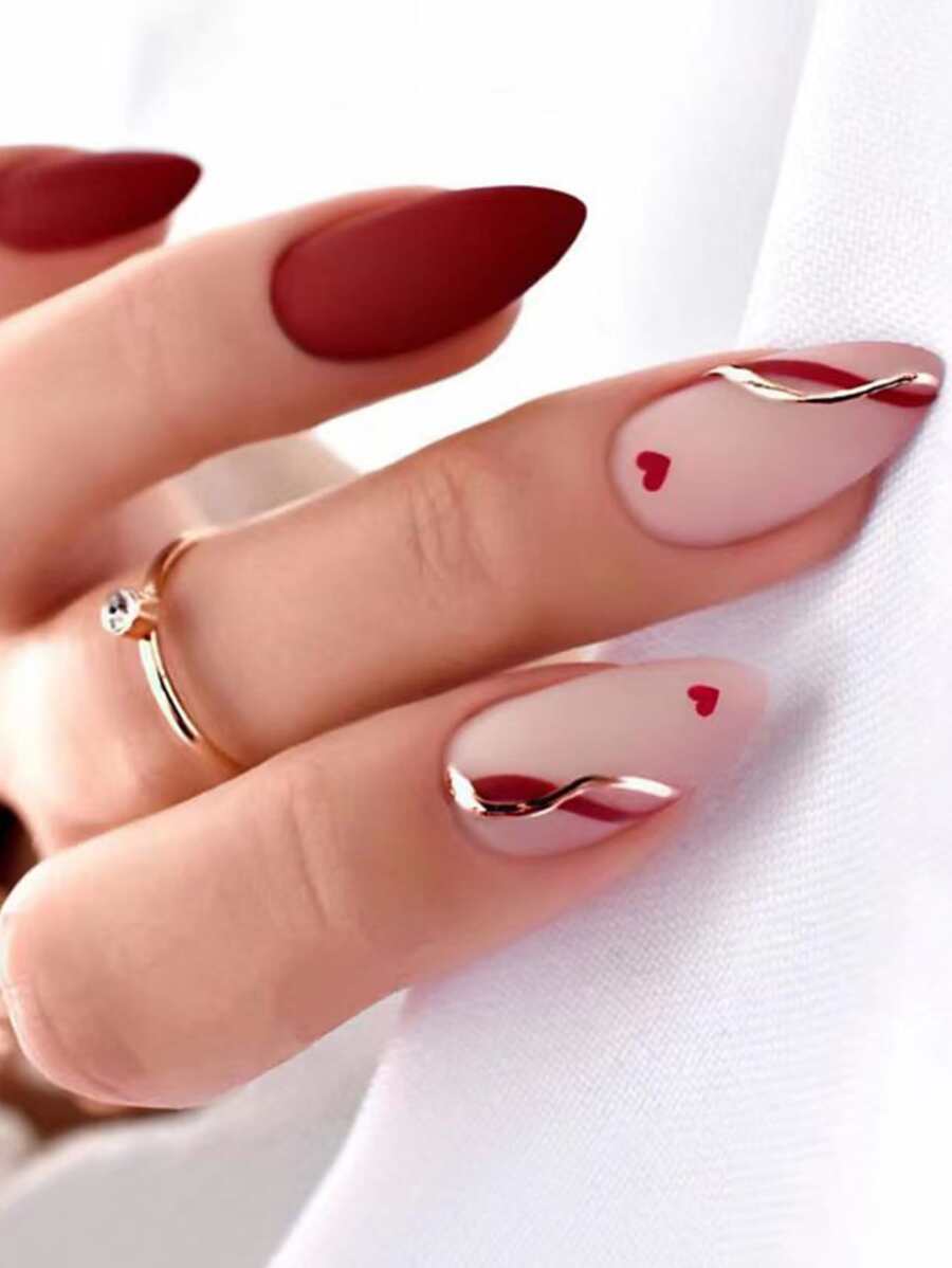 Set de 24 uñas postizas (diseño de gota de agua), que incluye puntas de uñas en forma de almendra de color burdeos, corazón y mate / dorado y helado, gelatina adhesiva y lima de uñas para suministros de uñas de presión uñas falsas uña falsa uña acrílica