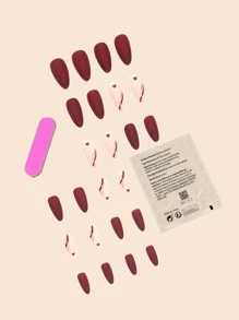 Set de 24 uñas postizas (diseño de gota de agua), que incluye puntas de uñas en forma de almendra de color burdeos, corazón y mate / dorado y helado, gelatina adhesiva y lima de uñas para suministros de uñas de presión uñas falsas uña falsa uña acrílica