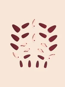 Set de 24 uñas postizas (diseño de gota de agua), que incluye puntas de uñas en forma de almendra de color burdeos, corazón y mate / dorado y helado, gelatina adhesiva y lima de uñas para suministros de uñas de presión uñas falsas uña falsa uña acrílica