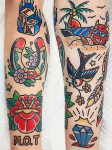 17片/套老派風格手臂花袖角色扮演可愛卡通防水持久臨時紋身貼紙，男女適用，可持續1-5天 - 彩色 - 查看 1