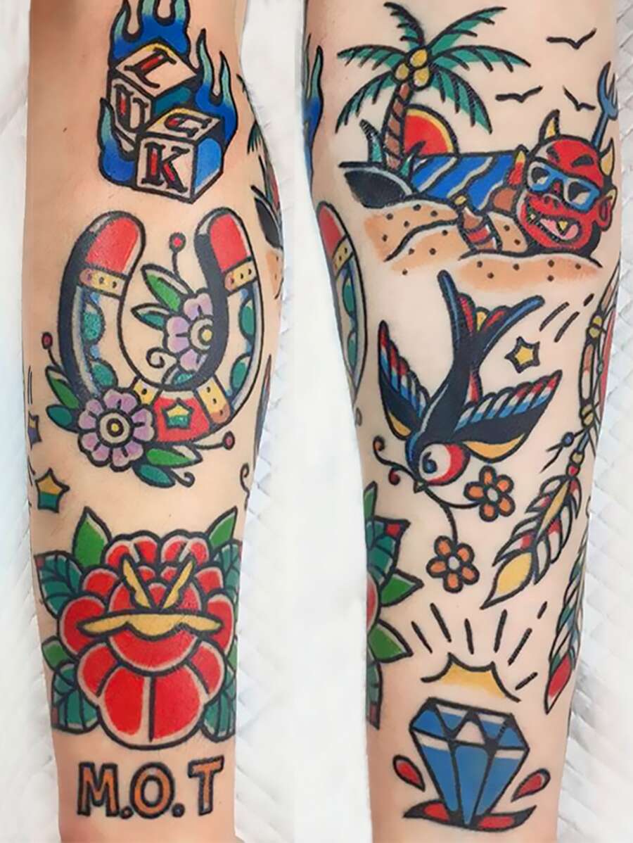 17片/套老派風格手臂花袖角色扮演可愛卡通防水持久臨時紋身貼紙，男女適用，可持續1-5天 - 彩色 - 查看 1