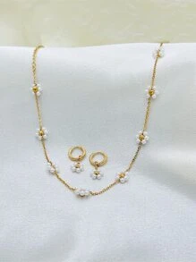 1 bộ vòng cổ hoa bện bằng thép không gỉ tự làm và 1 đôi bông tai hoa nhỏ cho ngày lễ tình nhân - Vàng - Xem 1