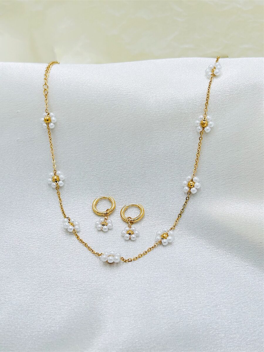 1 bộ vòng cổ hoa bện bằng thép không gỉ tự làm và 1 đôi bông tai hoa nhỏ cho ngày lễ tình nhân - Vàng - Xem 1