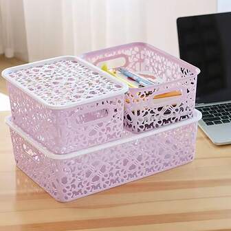 multifuncional de plástico Caja de almacenamiento , Organizador de maquillaje Cesta , escritorio oficina Cubo de basura , Ropa interior & Almacenamiento de baño Cesta con diseño hueco , púrpura