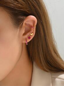 5pcs/Set Fashion Copper Cubic Zirconia Decor Heart Earrings For Women For Party Decoration Gift Valentines,Mom,Mother,Mother's Day,Gift - Hot Pink - View 4