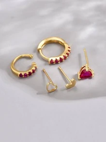 5pcs/Set Fashion Copper Cubic Zirconia Decor Heart Earrings For Women For Party Decoration Gift Valentines,Mom,Mother,Mother's Day,Gift - Hot Pink - View 2