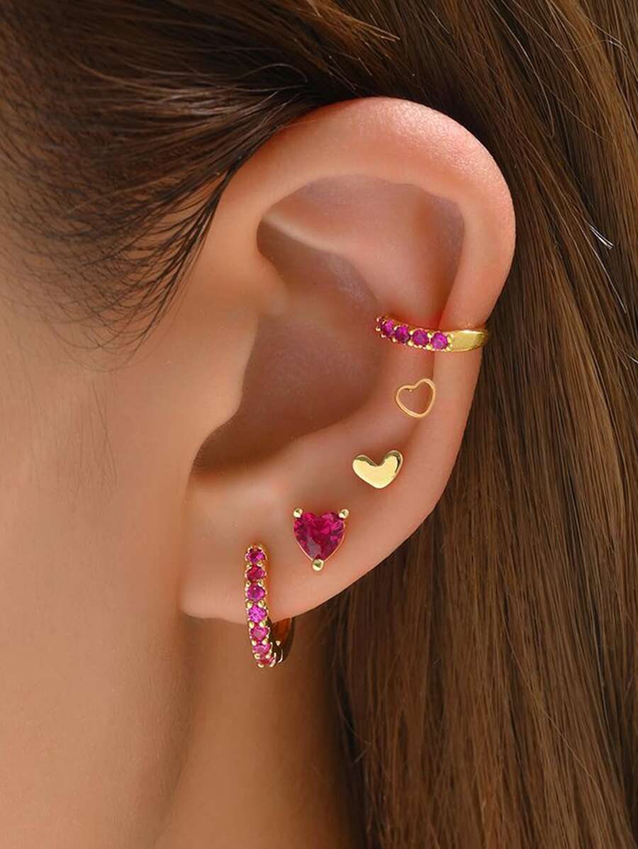 5pcs/Set Fashion Copper Cubic Zirconia Decor Heart Earrings For Women For Party Decoration Gift Valentines,Mom,Mother,Mother's Day,Gift - Hot Pink - View 1