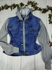 Chamarra Denim Curvy con Mangas de Felpa en Contraste y Capucha. MOD GIOVANA - Lavado ligero - Ver 8